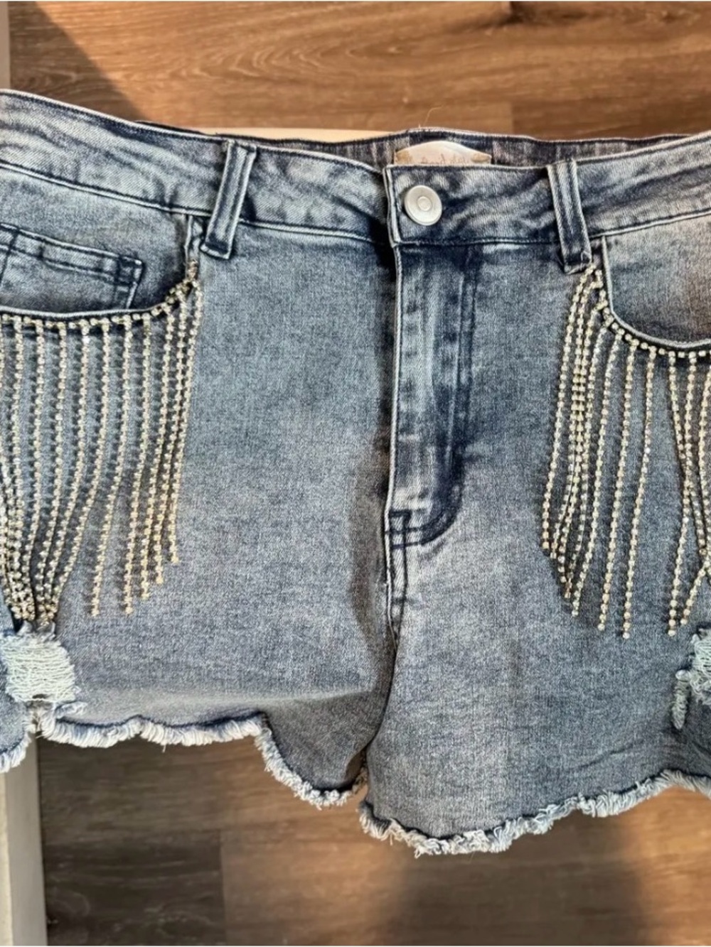 Altar'd State Denim Shorts with Rhinestone Fringe